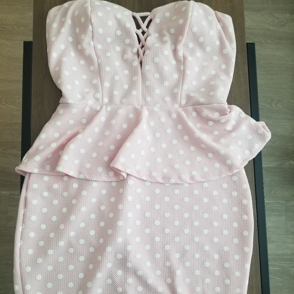 Pink and white polka dot pencil skirt dress